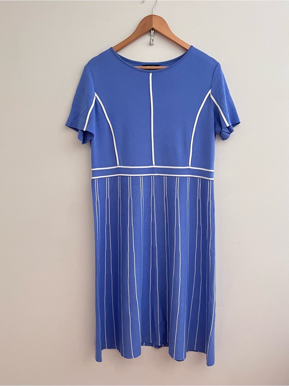 Misook Contrast Stripe A-Line Knit Dress Size Medium Blue White Knee length